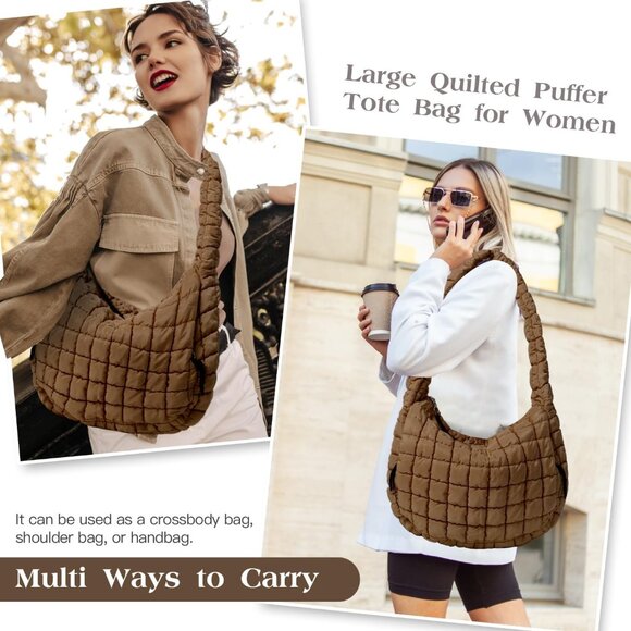 Women's Brown Lightweight Cotton Puffy Quilted Hobo Bag Retro Soft Shoulder Bag - Picture 3 of 7